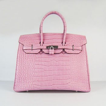 Hermes Birkin 35Cm Crocodile Stripe Handbags Pink Silver